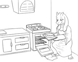 anthro appliance baking barefoot biped boss_monster_(undertale) bovid caprine clothing dessert digital_media_(artwork) feet female food handwear hindpaw horn kitchen kitchen_appliance mammal monochrome oven oven_mitts pastry paws pie samael smile solo toriel undertale undertale_(series)