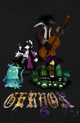 3_toes alcohol alternative_fashion anthro asian_mythology avian band beverage bird black_body black_eyes black_hair blue_body bowed_string_instrument canid canine canis clothed clothing corvid corvus_(genus) crow double_bass east_asian_mythology feet fur geryon glass goth green_body grey_background group hair hi_res holding_glass holding_object japanese_mythology kappa kipp male mammal marine monster musical_instrument mythology oscine passerine plantigrade playing_music simple_background sitting sk4ndalous standing string_instrument text thatwhitefox toes white_body white_eyes white_fur wine wolf yellow_sclera yokai