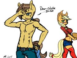 4:3 abs absolute_territory anthro anthrofied applejack_(mlp) avante92 biceps blonde_hair bodily_fluids breasts brown_hair caramel_(mlp) clothed clothing cowboy_hat dialogue duo earth_pony english_text equid equine female friendship_is_magic fur hair hasbro hat headgear headwear horse male mammal muscular my_little_pony navel pecs pony sweat text topless