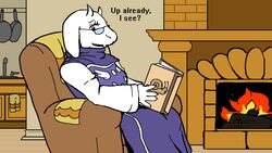 anthro bleuhawke book boss_monster_(undertale) bovid caprine chair chairiel cookware detailed_background digital_media_(artwork) eyewear female fire fireplace frying_pan fur furniture gastropod glasses horn inside kitchen kitchen_utensils log looking_at_viewer mammal mollusk paws reading sink snail solo tools toriel undertale undertale_(series) white_body white_fur wood