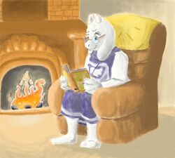 anthro barefoot biped book boss_monster_(undertale) bovid caprine chair chairiel eyewear feet female fire fireplace fur furniture glasses hindpaw horn mammal maximumoverbutt pastel_(artwork) paws reading solo teeth toriel traditional_media_(artwork) undertale undertale_(series) white_body white_fur