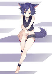 animal_humanoid barefoot blue_eyes blue_hair blush bottomwear canid canid_humanoid canine canine_humanoid canis choker clothing colored_nails denim denim_clothing feet female hair hi_res humanoid jewelry looking_at_viewer mammal mammal_humanoid nails navel necklace shirabi_(life-is-free) short_hair shorts sitting smile solo topwear vest wolf wolf_humanoid wolf_tail