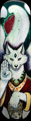 3_eyes 5_fingers ambiguous_gender anthro beads black_nose canid canine dream duo fingers fluffy fluffy_tail fox fur green_eyes koan_(sk4ndalous) looking_at_viewer mammal moon multi_eye multi_tail orange_eyes prayer_beads religion sk4ndalous skateboard sky surreal tail thatwhitefox traditional_media_(artwork) vehicle vivid white_body white_fur