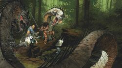 amiri bald barbarian black_hair claws clothed clothing female feral fight group hair hi_res human long_hair male mammal melee_weapon monk monster paizo pathfinder plant sajan spikes sword tatzlwurm tree vincent_dutrait water weapon