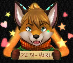 2013 anthro blue_eyes blue_markings brown_hair bust_portrait canid canine countershading fox fur hair happy heart_symbol lan_(zeta-haru) looking_at_viewer male mammal markings name_badge open_mouth orange_body orange_fur portrait reflection scarf smile solo teeth tongue white_body white_fur zeta-haru