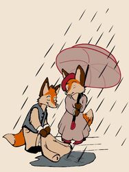 anthro black_nose canid canine chivalry closed_eyes clothed clothing duo female fox fur hair holding_object holding_umbrella male mammal orange_body orange_fur outside puddle raining red_hair simple_background sk4ndalous smile standing thatwhitefox umbrella victorian white_background white_body white_fur