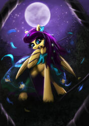 blue_eyes clothed clothing detailed_background dress equid equine feathered_wings feathers female feral flower fluttershy_(mlp) forest friendship_is_magic fur hair hasbro hi_res hooves leaf looking_at_viewer mammal moon my_little_pony mythological_creature mythological_equine mythology night outside pegasus petals pink_hair plant raised_hoof solo sparkles star tree wings yellow_body yellow_feathers yellow_fur zolombo