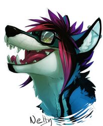 alternative_fashion anthro black_markings blue_body blue_fur canid canine colorful_theme ear_piercing eyewear fox fur glasses green_body green_fur hair male mammal markings multicolored_hair neltruin open_mouth piercing pink_hair purple_hair scene_(fashion) slade_xanthas smile solo sparklefur teeth tongue tongue_out yellow_eyes