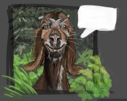 ambiguous_gender black_body black_fur bovid brown_body brown_eyes brown_fur caprine derp_eyes dialogue empty_speech_bubble feral fur gdane goat mammal outside solo speech_bubble text what whiskers white_body white_fur