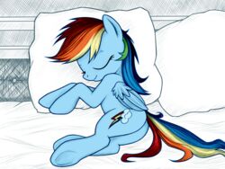 4:3 bed blue_body blue_feathers blue_fur closed_eyes cutie_mark equid equine feathered_wings feathers female feral friendship_is_magic fur furniture hair hasbro hi_res mammal multicolored_hair multicolored_tail my_little_pony mythological_creature mythological_equine mythology on_bed pegasus pillow rainbow_(artist) rainbow_dash_(mlp) rainbow_hair rainbow_tail sleeping smile solo tail wings