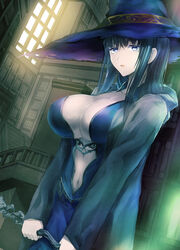  blue_eyes breasts cleavage cloak collarbone commentary_request female fura green_hair hat highres holding holding_staff large_breasts long_hair long_sleeves looking_at_viewer open_cloak open_clothes original parted_lips sidelocks solo staff underboob upper_body witch_hat 