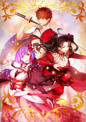  1boy 2girls :d abs arkray armor black_hair blue_eyes border bracelet card_(medium) card_parody commentary craft_essence_(fate) dress earrings emiya_shirou eyelashes fate/grand_order fate/stay_night fate_(series) floating floral_print frills gem hair_ornament hair_ribbon hakama hakama_skirt highres holding holding_sword holding_weapon hood hood_down igote japanese_clothes jewelry levitation long_hair long_sleeves looking_at_viewer magic magic_circuit matou_sakura matou_sakura_(imaginary_around) multiple_girls nail_polish navel obi open_mouth orange_hair over_shoulder pants parted_bangs polka_dot polka_dot_legwear puffy_sleeves purple_eyes purple_hair red_dress red_eyes red_legwear red_ribbon ribbon ribbon_trim ring sash senji_muramasa_(fate) shade short_hair skirt smile standing standing_on_one_leg star_(symbol) sword sword_over_shoulder teeth thighhighs tohsaka_rin tohsaka_rin_(formalcraft) two_side_up weapon weapon_over_shoulder white_ribbon yellow_eyes zettai_ryouiki 