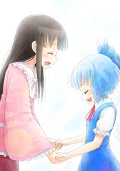  2girls :d ^_^ black_hair blue_hair blush cirno closed_eyes commentary_request dress gradient_background hair_ribbon holding_hands houraisan_kaguya ice ice_wings long_hair long_sleeves morioka_itari multiple_girls open_mouth profile puffy_sleeves ribbon round_teeth shirt short_hair short_sleeves skirt smile teeth touhou trait_connection wide_sleeves wings 