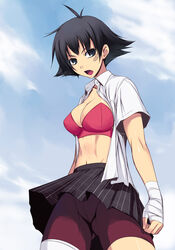  alternate_costume amei_sumeru arm_wrap bad_id bad_pixiv_id bandages bandaid bandaid_on_face bike_shorts bike_shorts_under_skirt black_eyes black_hair bra breasts cleavage female flipped_hair large_breasts lingerie makoto_(street_fighter) open_clothes open_mouth open_shirt purple_shorts red_bra school_uniform shirt short_hair shorts skirt solo street_fighter street_fighter_iii_(series) street_fighter_iv_(series) tomboy underwear upskirt wind wind_lift 