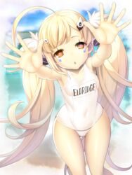  ahoge armpits azur_lane bare_legs beach blonde_hair blurry blurry_background breasts collarbone commentary_request day eldridge_(azur_lane) female hair_ornament hairclip incoming_hug long_hair looking_at_viewer ocean one-piece_swimsuit outstretched_arms red_eyes revision school_swimsuit sky small_breasts solo swimsuit twintails white_one-piece_swimsuit yagitori 