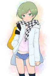  1boy bad_id bad_pixiv_id checkered_clothes checkered_scarf copyright_request green_eyes green_hair male_focus otoko_no_ko photoshop_(medium) scarf scotch_(blaze) short_hair solo sweatdrop thighhighs 