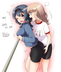  2girls 7001 ^^^ angry ass ass_envy ass_grab bike_shorts blonde_hair blue_hair breast_rest breasts brown_eyes commentary_request dated furutani_himawari grabbing_another&#039;s_ass groping gym_uniform hair_ornament hairband hairclip jacket medium_breasts multiple_girls oerba_yun_fang one_eye_closed oomuro_sakurako open_mouth shirt skin_tight sweatdrop t-shirt yuri yuru_yuri 