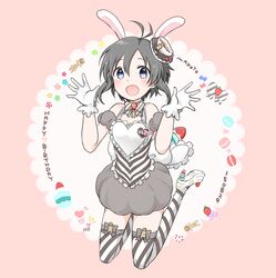  animal_ears antenna_hair apron black_hair bow bowtie commentary_request female gloves idolmaster idolmaster_(classic) kikuchi_makoto purple_eyes rabbit_ears ribbon-trimmed_legwear ribbon_trim short_hair solo tc829_(teco15) teatime_happiness_(idolmaster) thighhighs white_gloves 