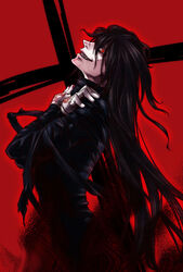  1boy alucard_(hellsing) black_hair commentary_request gloves hellsing highres kabane_(follabi) long_hair male_focus photoshop_(medium) red_eyes sharp_teeth smile solo teeth 