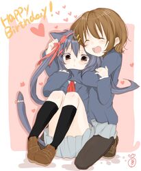  2girls :d animal_ears black_eyes black_hair black_pantyhose blush bow brown_eyes brown_hair cat_ears closed_eyes commentary_request hair_ornament hairbow hairclip happy_birthday heart hirasawa_yui hug hug_from_behind k-on! kneehighs kneeling loafers long_hair multiple_girls nakano_azusa natsu_(norari_kurari) open_mouth pantyhose round_teeth sakuragaoka_high_school_uniform school_uniform shoes short_hair sitting skirt smile socks tail teeth twintails 