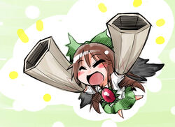  ^_^ absurdres arm_cannon blush_stickers bow brown_hair chibi closed_eyes commentary_request dual_arm_cannons female green_skirt hairbow happy highres holding long_hair reiuji_utsuho shinapuu skirt smile solo touhou weapon wings 