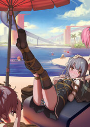  6+girls aoba_(kancolle) arms_behind_back asymmetrical_legwear beach_umbrella black_dress black_thighhighs blonde_hair blue_hair blush bondage bondage bondage bound bound_arms bound_legs box_tie breasts brown_eyes buttons camera chair cloud commentary_request crotch_rope day dress embarrassed eyebrows feet femdom frown full_body gloves grey_hair hand_on_another&#039;s_head highres himitsu_(hi_mi_tsu_2) holding holding_camera humiliation i-168_(kancolle) i-19_(kancolle) i-58_(kancolle) i-8_(kancolle) kantai_collection kasumi_(kancolle) legs_together legs_up long_hair long_legs long_sleeves looking_at_viewer lounge_chair lying multiple_girls no_shoes on_back out_of_frame outdoors palm_tree panties pantyshot partially_submerged photoshop_(medium) pinafore_dress pink_hair pool poolside public_bondage public_indecency red_hair remodel_(kantai_collection) restrained ro-500_(kancolle) rope shibari_over_clothes shiranui_(kancolle) short_hair side_ponytail single_thighhigh sky skyline sleeveless sleeveless_dress slide small_breasts solo_focus striped_clothes striped_panties swimming taking_picture thighhighs thighs tree umbrella underwear uneven_legwear water water_slide waterpark wavy_mouth white_gloves yuri 