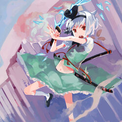  12_(xaenedju) black_hairband commentary_request female hairband katana konpaku_youmu short_hair solo sword touhou weapon white_hair 