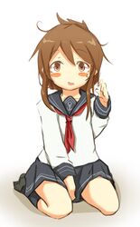  anchor_symbol bad_id bad_pixiv_id blush_stickers brown_eyes brown_hair check_commentary commentary_request female folded_ponytail hand_in_own_hair inazuma_(kancolle) ito_(itokayu) kantai_collection looking_at_viewer neckerchief open_mouth school_uniform seiza serafuku sitting skirt solo sweatdrop 