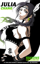  2005 braid breasts character_name copyright_name earrings female fingerless_gloves gloves headband headdress jewelry jonathan_kim julia_chang lips medium_breasts monochrome native_american native_american_headdress photoshop_(medium) sideboob tattoo tekken tekken_5 