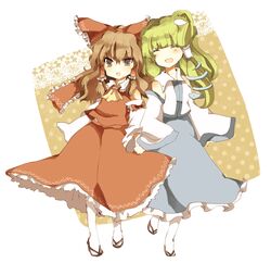  2girls blush bow brown_eyes brown_hair closed_eyes commentary_request detached_sleeves frills frog green_hair hairbow hakurei_reimu holding_hands kochiya_sanae long_hair minako_(gazekura) multiple_girls skirt smile snake socks touhou 