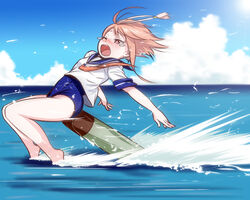  cloud commentary_request day female hair_ornament i-58_(kancolle) kantai_collection meme ocean open_mouth pink_hair pre3445 red_eyes school_swimsuit school_uniform serafuku short_hair sky solo swimsuit swimsuit_under_clothes tears torpedo water waterskiing_(meme) wince 