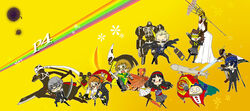  3boys 4girls amagi_yukiko bad_id bad_pixiv_id black_hair blue_hair brown_hair cabbie_hat chair chibi copyright_name folding_chair folding_fan fujino_miyabi glasses grey_hair gun hanamura_yousuke hand_fan hat headphones himiko_(persona_4) holding holding_sword holding_weapon izanagi_(persona_4) jiraiya_(persona_4) kicking kintoki-douji konohana_sakuya kujikawa_rise kuma_(persona_4) kunai long_hair multiple_boys multiple_girls narukami_yuu persona persona_4 satonaka_chie school_uniform shadow_(persona) shirogane_naoto short_hair skirt sukuna-hikona_(persona_4) sword take-mikazuchi tomoe_(persona_4) weapon yasogami_school_uniform 