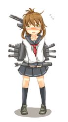  bad_id bad_pixiv_id blush brown_eyes brown_hair commentary_request female flying_sweatdrops folded_ponytail inazuma_(kancolle) ito_(itokayu) kantai_collection kneehighs looking_at_viewer neckerchief open_mouth school_uniform serafuku skirt socks solo torpedo turret white_background 