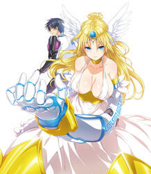  1boy bare_shoulders blonde_hair blue_eyes breasts choker circlet cleavage clenched_teeth closed_mouth collarbone commentary_request cover cover_page cowboy_shot dress earrings female foreshortening head_wings hida_kizuna highres hisasi jewelry large_breasts long_hair looking_at_another looking_at_viewer masou_gakuen_hxh mechanical_arms novel_cover novel_illustration official_art short_hair single_mechanical_arm teeth thanatos_(masou_gakuen_hxh) white_dress wings 