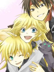  2boys black_hair blonde_hair blue_eyes cleo_everlastin commentary_request female green_eyes headband leki long_hair majic_lin majutsushi_orphen multiple_boys orphen yonsuke_(speaker) 