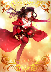  :d arkray black_hair blue_eyes border bracelet brown_hair card_(medium) card_parody character_name commentary craft_essence_(fate) dress earrings eyelashes fate/grand_order fate/stay_night fate_(series) female floating frills gem hair_ornament hair_ribbon highres jewelry levitation long_hair long_sleeves looking_at_viewer open_mouth parted_bangs polka_dot polka_dot_legwear red_dress red_thighhighs ribbon ring shade smile solo standing standing_on_one_leg star_(symbol) teeth thighhighs tohsaka_rin tohsaka_rin_(formalcraft) two_side_up zettai_ryouiki 