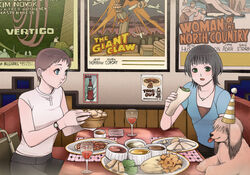  2girls alcohol bad_id bad_pixiv_id black_hair blue_eyes brown_hair canine cup drinking_glass eating food green_eyes hat jewelry movie_poster_(object) multiple_girls necklace original party_hat pizza poster_(object) restaurant ring short_hair tongue watch wine wine_glass wristwatch yuuki_rika 