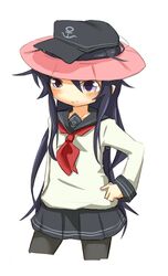  akatsuki_(kancolle) anchor_symbol bad_id bad_pixiv_id commentary_request female flat_cap hair_between_eyes hand_on_own_hip hat ito_(itokayu) kantai_collection long_hair neckerchief pantyhose purple_eyes purple_hair red_neckerchief school_uniform serafuku shampoo_hat skirt smile solo 