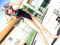  adjusting competition_swimsuit game_cg joy_ride libido one-piece_swimsuit outdoor purple_hairsokkou_hikaku_jirai_circle short_hair swimming_googles swimsuit 