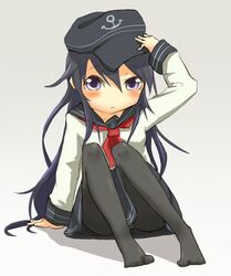  akatsuki_(kancolle) anchor_symbol bad_id bad_pixiv_id female flat_cap hair_between_eyes hand_on_headwear hat ito_(itokayu) kantai_collection knees_up long_hair looking_at_viewer neckerchief panties panties_under_pantyhose pantyhose purple_eyes purple_hair red_neckerchief school_uniform serafuku sitting solo underwear 