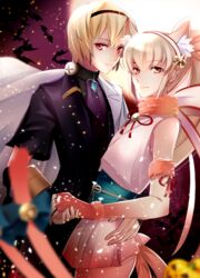  2boys aristocratic_clothes blonde_hair commentary_request cosplay couple fingerless_gloves fire_emblem fire_emblem_fates fire_emblem_heroes formal gloves holding_hands jakob_(fire_emblem) jakob_(fire_emblem)_(cosplay) jakob_(halloween)_(fire_emblem) japanese_clothes jewelry kokoron450 leo_(fire_emblem_fates) looking_at_viewer male_focus multiple_boys necklace ponytail red_eyes sakura_(fire_emblem) sakura_(fire_emblem)_(cosplay) sakura_(halloween)_(fire_emblem) simple_background smile suit takumi_(fire_emblem) white_background white_hair yaoi 