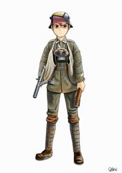  brown_eyes gas_mask gun gyan_(akenosuisei) helmet male_focus military military_uniform mp18 original soldier solo submachine_gun uniform weapon world_war_i 