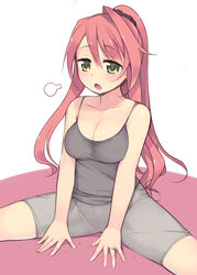  arima_kanae bike_shorts blush breasts cleavage covered_nipples exercising female green_eyes jewelry kashiwamochi_yomogi large_breasts long_hair mature_female open_mouth original photoshop_(medium) pink_hair ponytail ring shorts solo spread_legs sweat wedding_ring 