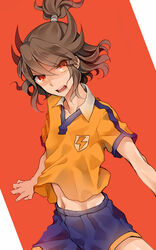  1boy brown_hair commentary_request ediblepanda fusion inazuma_eleven_(series) inazuma_eleven_go inazuma_eleven_go_chrono_stone lightning_bolt_symbol male_focus open_mouth raimon raimon_soccer_uniform red_eyes shindou_takuto shindou_takuto_(mixi_max_oda_nobunaga) simple_background soccer_uniform solo sportswear 