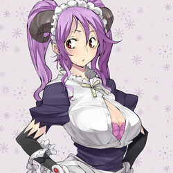  amami_amayu bad_id bad_pixiv_id blush bra breasts bursting_breasts cleavage demon_girl elbow_gloves eyelashes female gloves hands_on_own_hips horns large_breasts lingerie long_hair looking_back maid_headdress monster_collection purple_hair red_eyes solo twintails unbuttoned underwear upper_body 