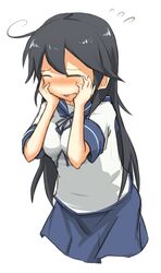  ahoge bad_id bad_pixiv_id black_hair blush closed_eyes commentary_request embarrassed female hands_on_own_face ito_(itokayu) kantai_collection long_hair nose_blush open_mouth school_uniform serafuku skirt solo ushio_(kancolle) 