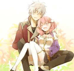  1boy :d ^_^ atelier_(series) atelier_escha_&amp;_logy black_footwear black_pants black_skirt blush braid choker closed_eyes commentary_request couple escha_malier female fingerless_gloves full_body gloves holding_hands jacket jewelry logix_ficsario necklace open_mouth pants pink_hair satsu shoes short_hair short_twintails sitting skirt smile straight thighhighs twintails white_hair white_legwear 