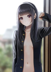  arm_up black_hair black_jacket blunt_bangs blurry breasts brown_eyes buttons coat collarbone commentary_request depth_of_field female hairband jacket kentaurosu long_hair long_sleeves looking_at_viewer matsuno_chiya naked_coat navel open_clothes original pocket school_uniform silver_hairband small_breasts solo unbuttoned upper_body 