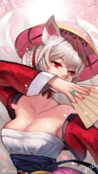  animal_ears artist_name blurry breasts cherry_blossoms cleavage commentary_request covering_own_mouth crusaders_quest dated depth_of_field female fingernails folding_fan fox_ears fox_tail hand_fan hat highres jewelry kitsune_yeowoodong looking_to_the_side medium_breasts mole mole_under_eye multiple_tails nail_polish red_eyes ring short_hair solo squidsmith tail white_hair 