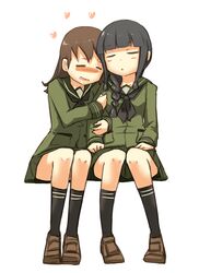  2girls arm_hug black_hair blush braid brown_hair closed_eyes commentary drooling heart ito_(itokayu) kantai_collection kitakami_(kancolle) long_hair multiple_girls neckerchief ooi_(kancolle) open_mouth school_uniform serafuku simple_background sitting white_background yuri 